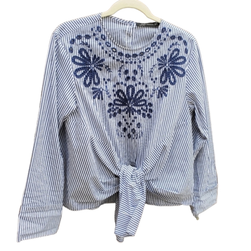ZARA Striped Tie Front Blouse S Long Sleeve Shirt Floral Nautical Boho Top - Picture 6 of 8